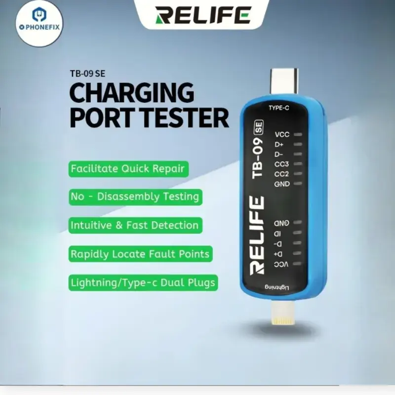 جهاز اختبار شحن RELIFE TB-09 SE – كشف سريع للأخطاء لمنافذ Lightning وType-C لإصلاح الهواتف واللوحات الأم