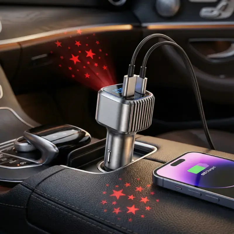 شاحن سيارة سريع بسلكين مدمجين قابلين للسحب مع إضاءة سقفية