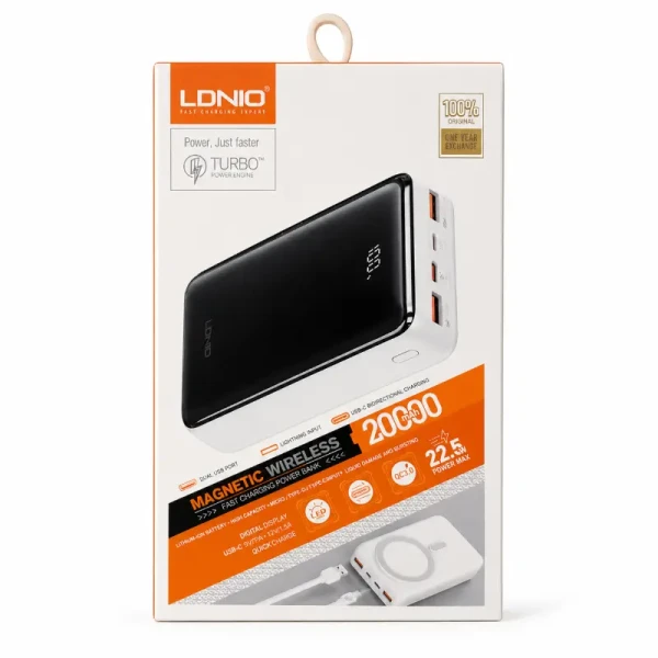 باور بانك لدنيو الأصلي LDNIO PQ18 بسعة 20000mAh وقوة 22.5W | شاحن لاسلكي مغناطيسي (Magnetic Wireless) وشاشة رقمية بالضمان