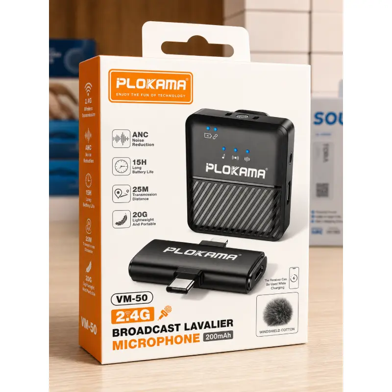 ميكروفون لاسلكي احترافي بلوكاما PLOKAMA VM-50 للموبايل | عزل ضوضاء ANC، بطارية 15 ساعة، منفذ شحن للموبايل أثناء التصوير