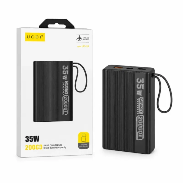 باور بانك يوسي الذكي UCCI UP-28 بقوة 35W وسعة 20000mAh | حجم مدمج، يدعم الشحن السريع، ومزود بكابل آيفون مدمج