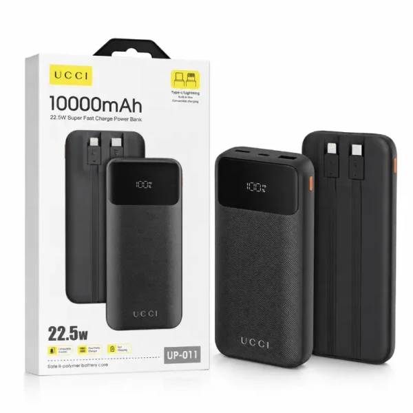 باور بانك يوسي الذكي UCCI UP-011 بقوة 22.5W وسعة 10000mAh | شاشة رقمية LED، ومزود بكابلين مدمجين Type-C و الآيفون