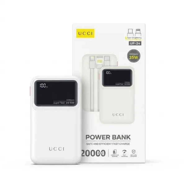 باور بانك يوسي الذكي UCCI UP-24 بقوة 35W وسعة 20000mAh | شاشة رقمية LED، ومزود بكابلين مدمجين Type-C و الآيفون باللون الأبيض الملكي