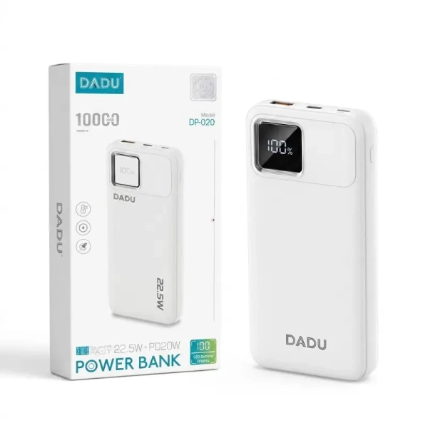 باور بانك دادو الأصلي DADU DP-020 بقوة 22.5W وسعة 10000mAh | شحن سريع بقوة PD 20W، شاشة LED رقمية، وتصميم نحيف خفيف الوزن